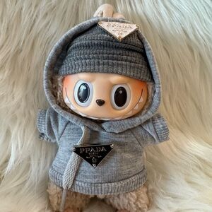 POP MART Labubu - Toffee - Macaron Series w/ PRADA Grey Hoodie Beanie Outfit